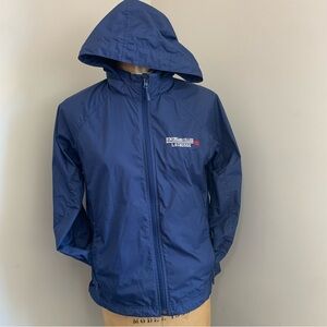 LL Bean Hooded Rain New England Lacrosse College Jacket Wind Breaker Blue Medium